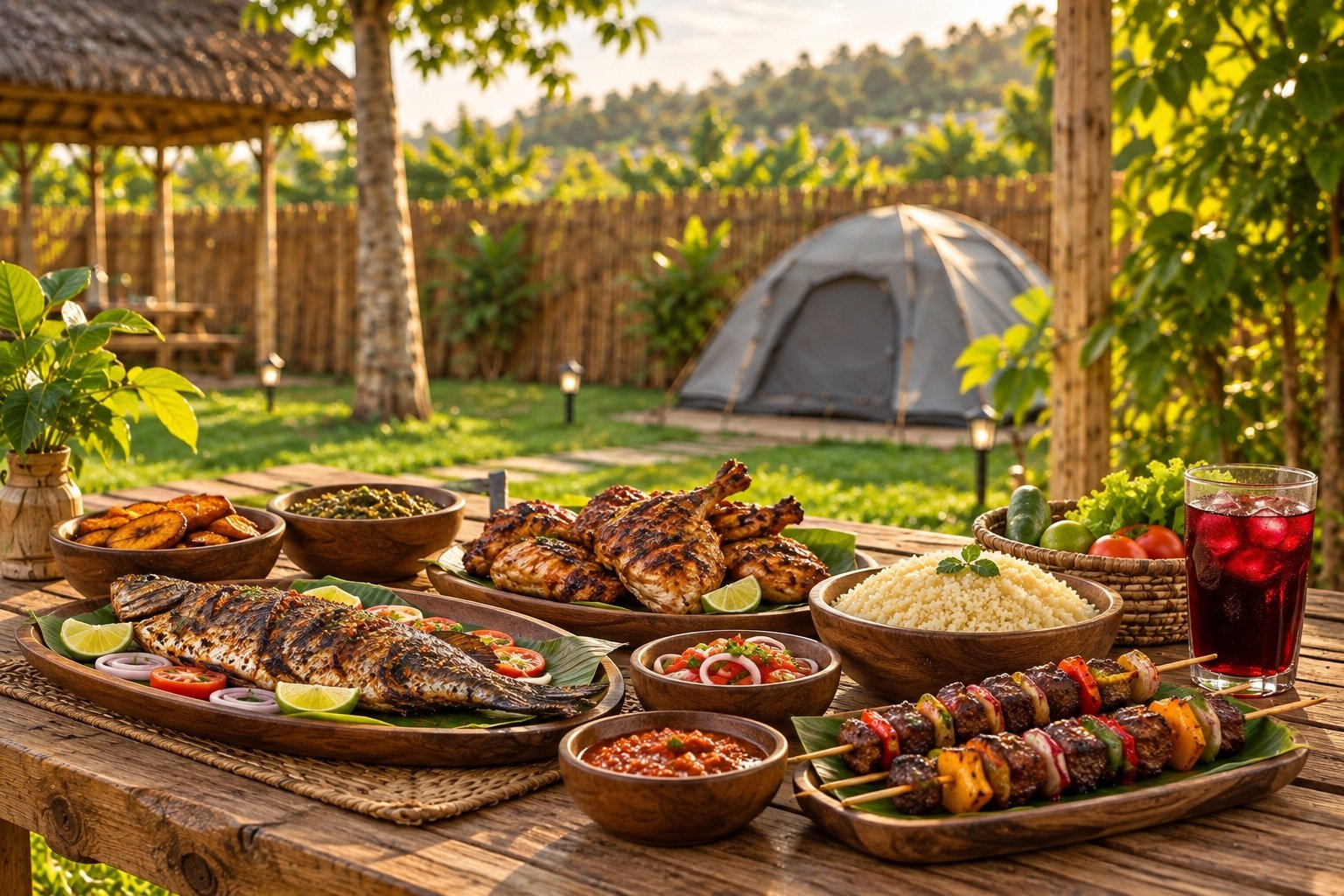 Poulet et poisson braisés servis à la table du Campement Quenum
