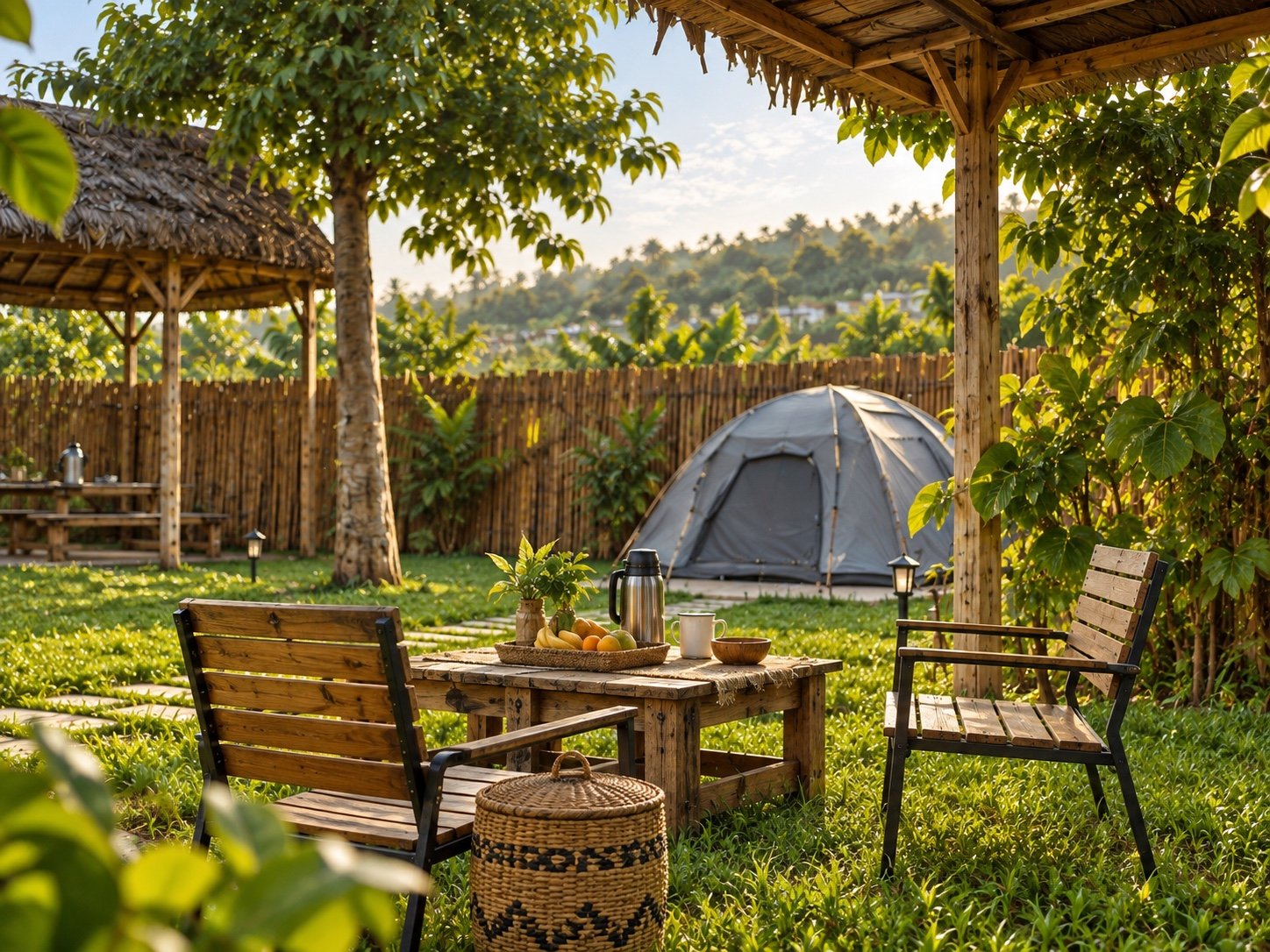 Espace de détente naturel du Campement Quenum avec tente et table d'accueil